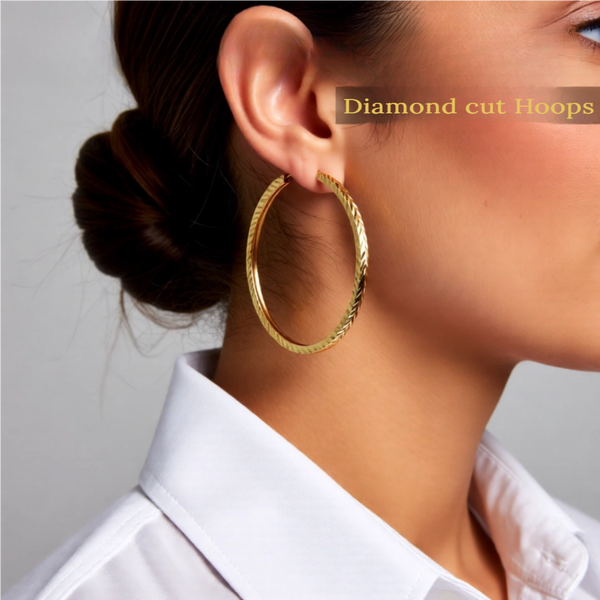 Gold Diamond-cut Square Tube Endless Hoop Earrings 10K and 14K - Lightweight Thin 1.35mm
