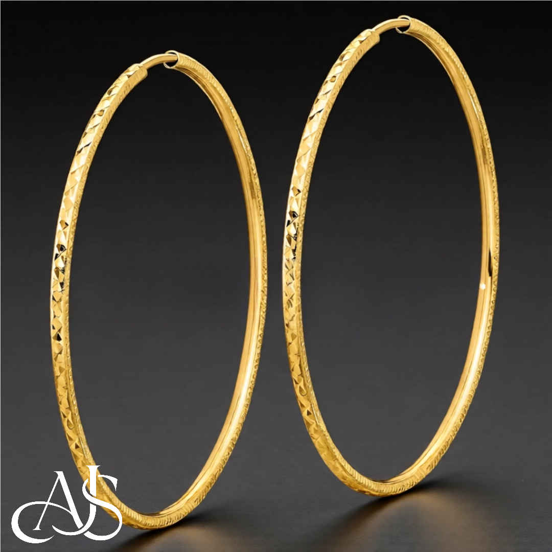 Gold Diamond-cut Endless Tube Hoop Earrings 14K Yellow and White Gold - Lightweight Thin 1.5mm