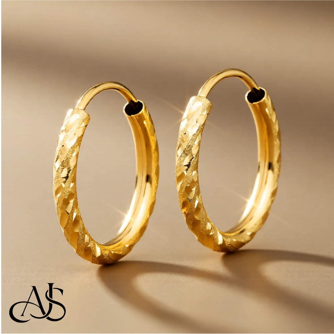 Gold Endless Hoop Earrings - Twisted Satin and Diamond-cut Texture - Lightweight Thin 2mm