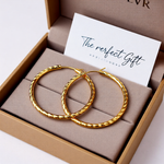 Load image into Gallery viewer, Gold Endless Hoop Earrings - Twisted Satin and Diamond-cut Texture - Lightweight Thin 2mm
