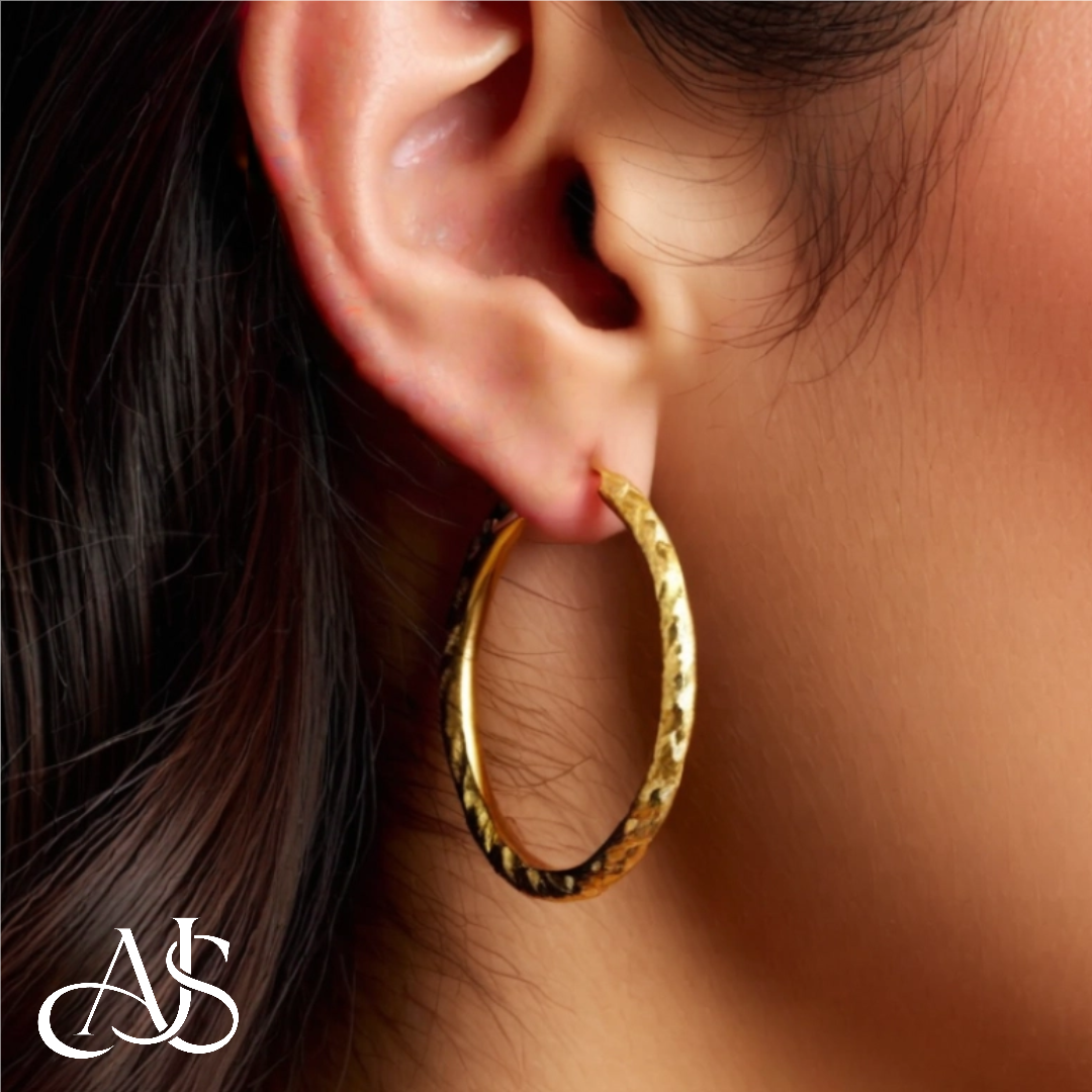 Gold Endless Hoop Earrings - Twisted Satin and Diamond-cut Texture - Lightweight Thin 2mm