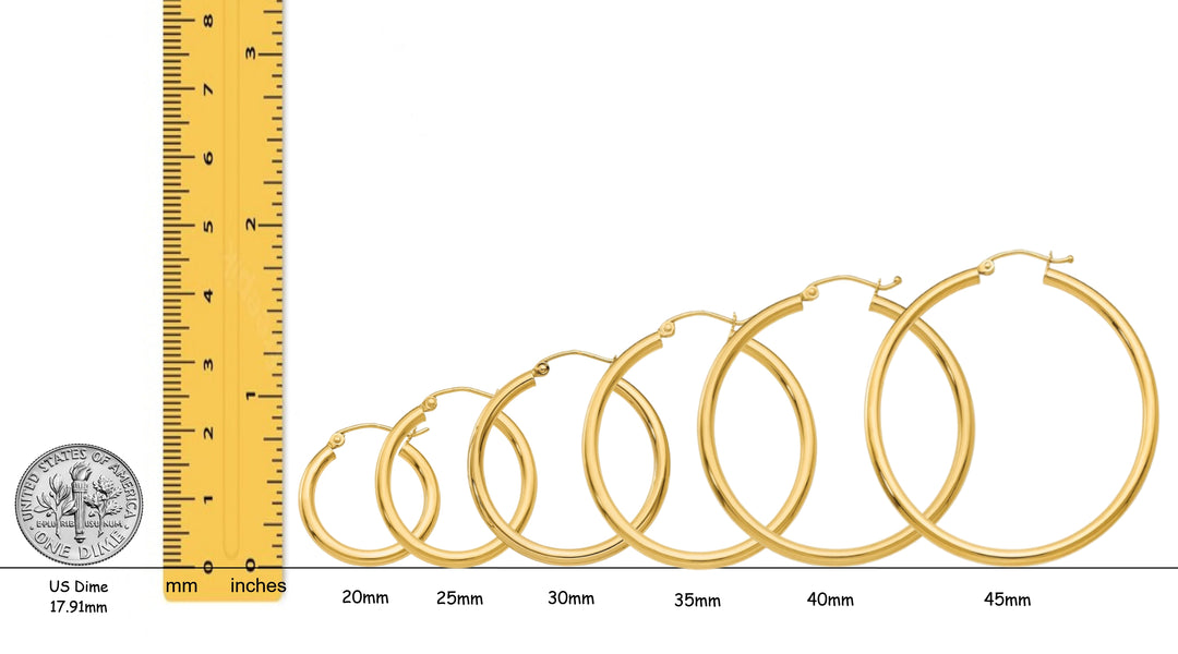 Gold Polished Classic Tube Hinged Wire Hoop Earrings 14K Yelllow White and Rose Gold - Lightweight Thin 2.5mm