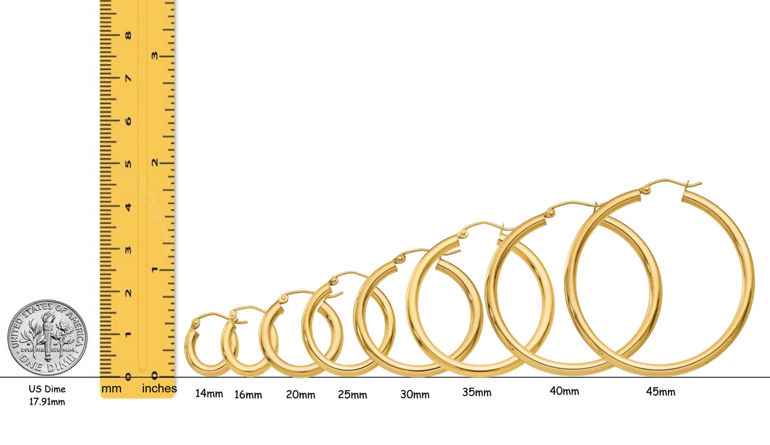 Gold Polished Classic Tube Hinged Wire Hoop Earrings 14K Yelllow White and Rose Gold - Lightweight Thin 3mm