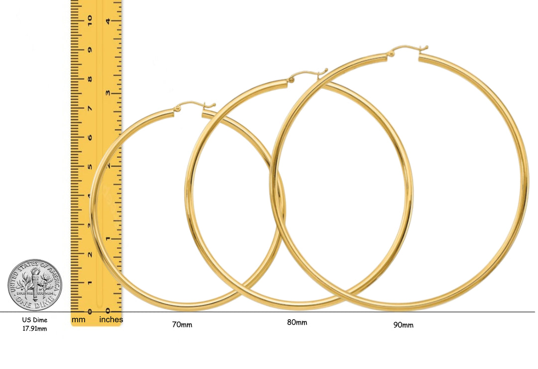 Gold Polished Classic Tube Hinged Wire Hoop Earrings 14K Yelllow White and Rose Gold - Lightweight Thin 3mm