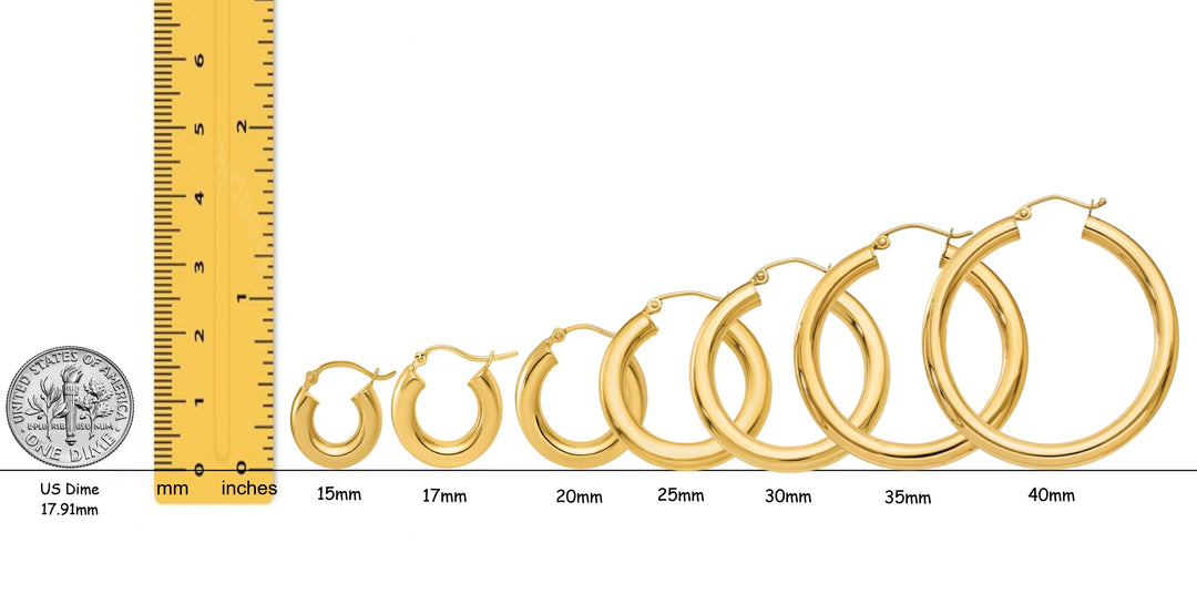 Gold Polished Classic Tube Hinged Wire Hoop Earrings 14K Yellow White and Rose Gold - Lightweight Thin 4mm