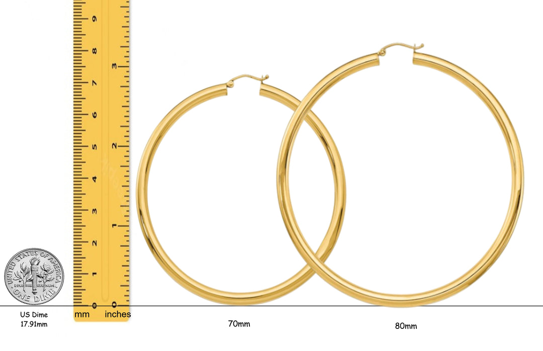 Gold Polished Classic Tube Hinged Wire Hoop Earrings 14K Yellow White and Rose Gold - Lightweight Thin 4mm