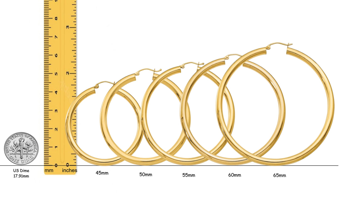 Gold Polished Classic Tube Hinged Wire Hoop Earrings 14K Yellow White and Rose Gold - Lightweight Thin 4mm