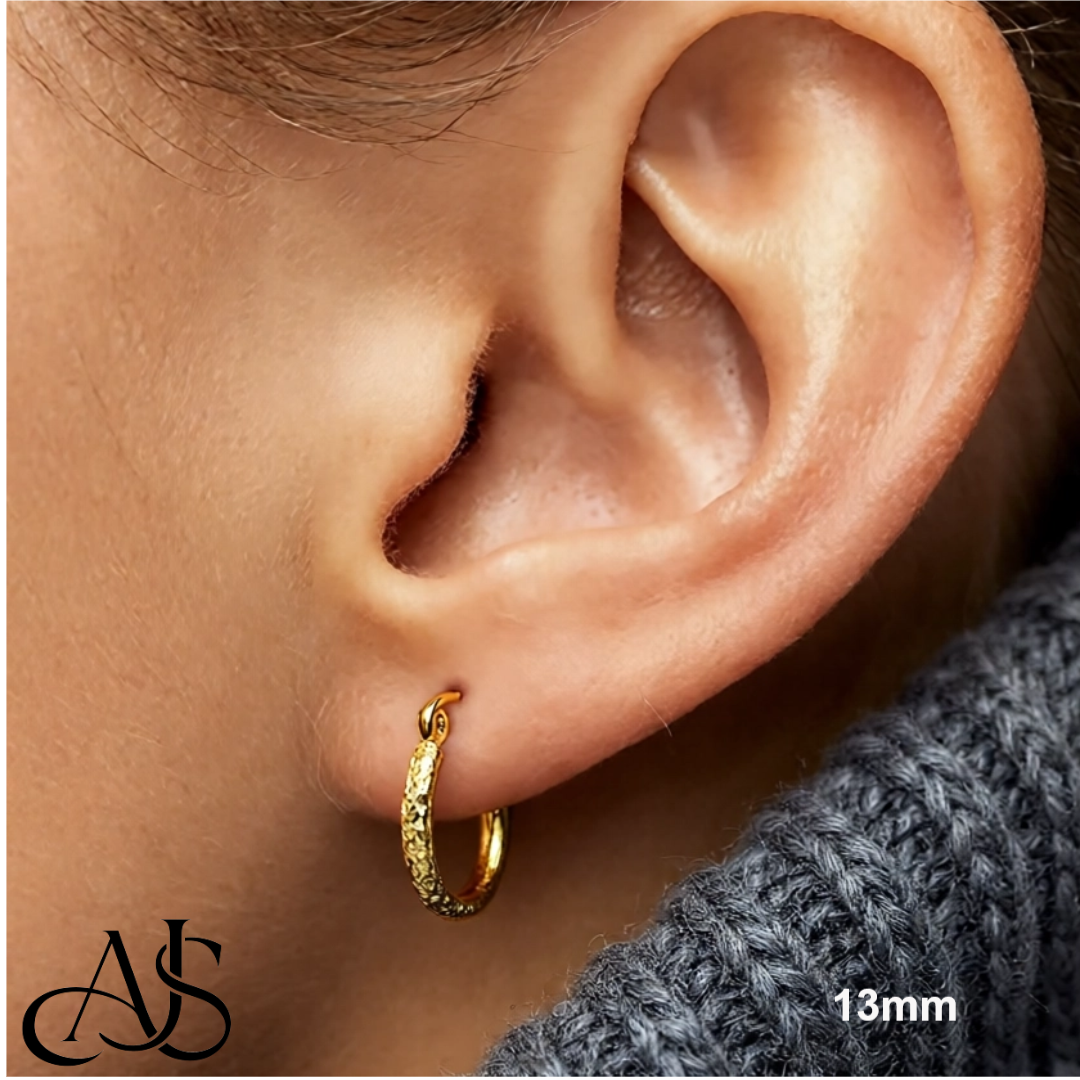 10K and 14K Yellow, White, and Rose Gold Hoop Earrings - Diamond-cut Texture Tube - Lightweight Thin 2mm Width