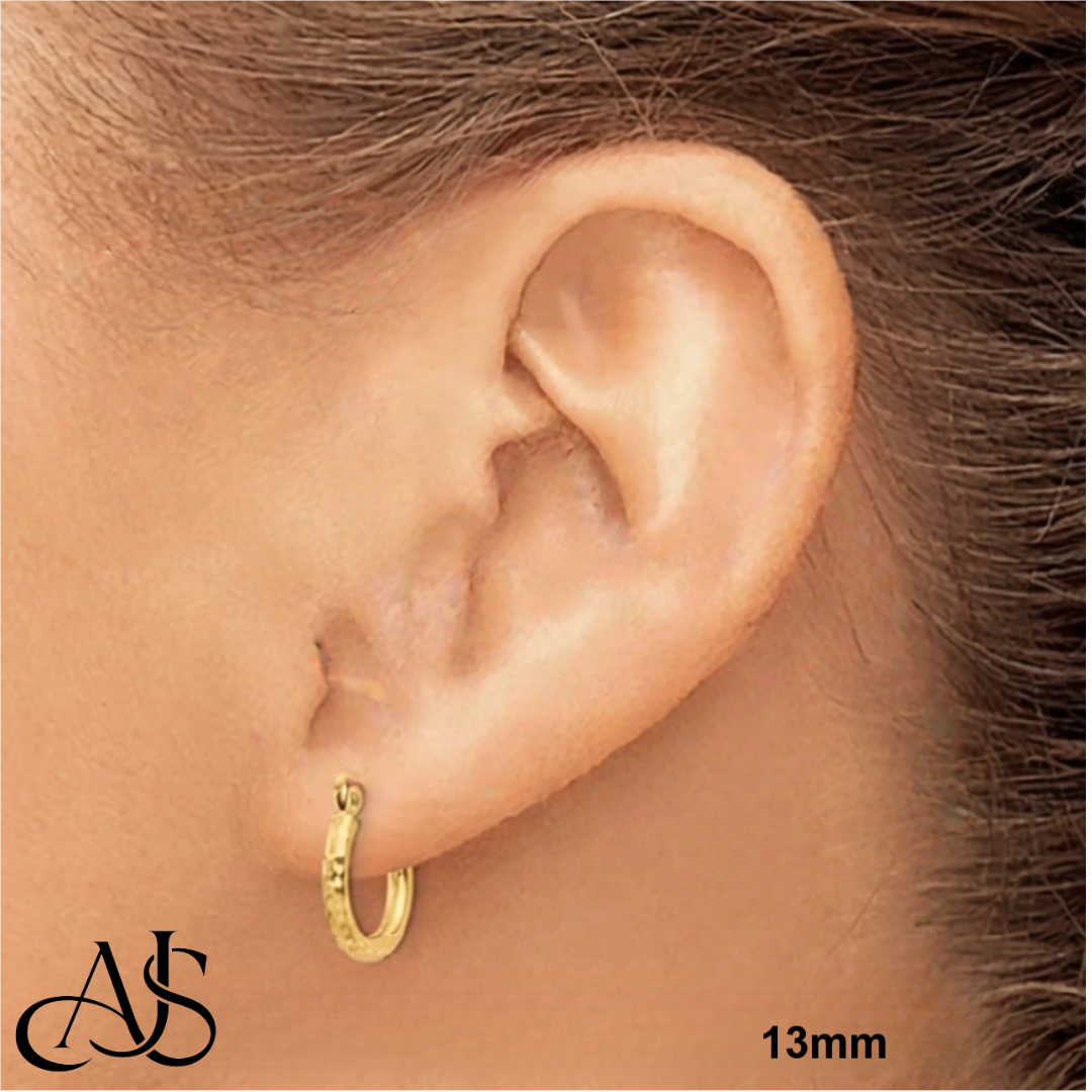 10K and 14K Yellow, White, and Rose Gold Hoop Earrings - Diamond-cut Texture Tube - Lightweight Thin 2mm Width