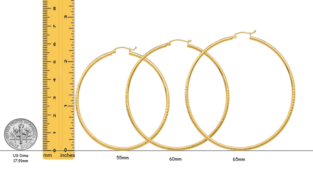 10K and 14K Yellow, White, and Rose Gold Hoop Earrings - Diamond-cut Texture Tube - Lightweight Thin 2mm Width