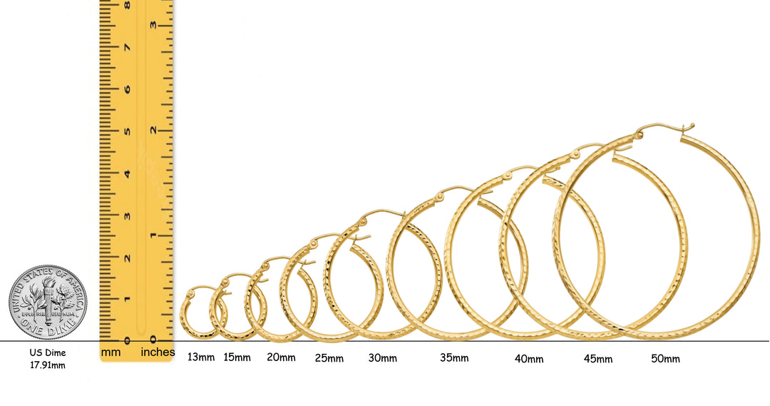 10K and 14K Yellow, White, and Rose Gold Hoop Earrings - Diamond-cut Texture Tube - Lightweight Thin 2mm Width
