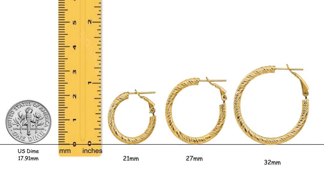 Gold Twist Diamond-cut Texture Omega Clip Backs Hoop Earrings  - 14K Yellow and White Gold Lightweight Thin 3mm