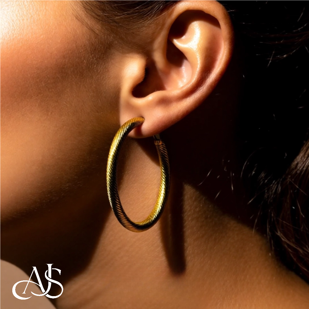 Gold Twist Diamond-cut Texture Omega Clip Backs Hoop Earrings  - 14K Yellow and White Gold Lightweight Thin 3mm