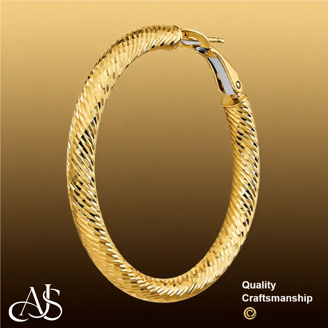 Gold Twist Diamond-cut Texture Omega Clip Backs Hoop Earrings  - 14K Yellow and White Gold Lightweight Thin 3mm