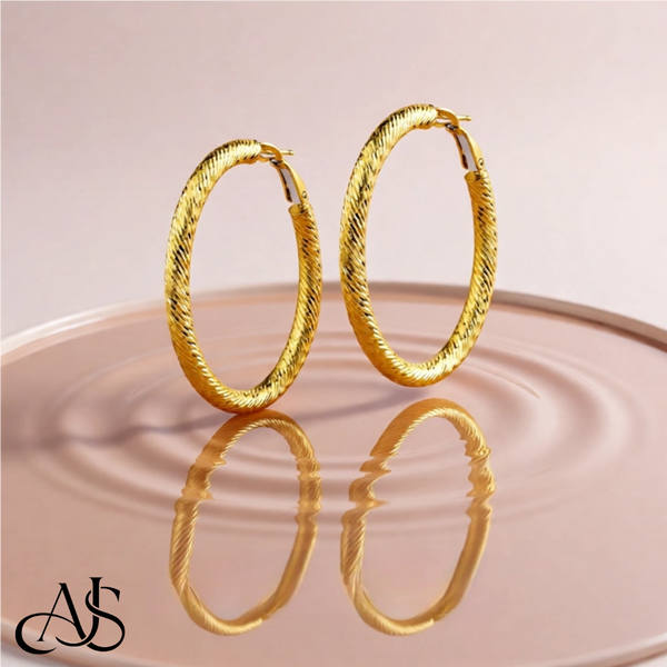Gold Twist Diamond-cut Texture Omega Clip Backs Hoop Earrings  - 14K Yellow and White Gold Lightweight Thin 3mm