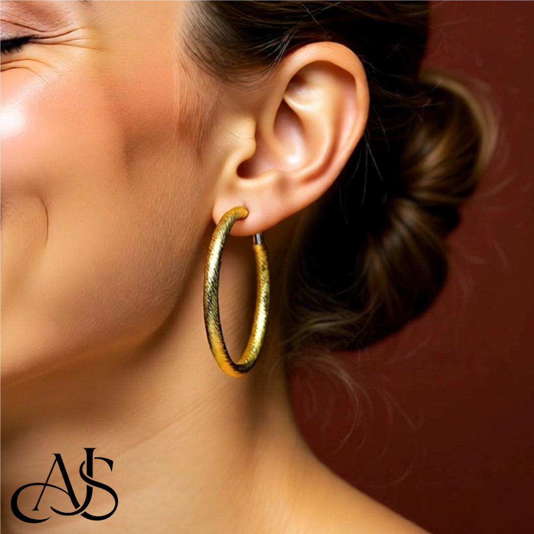 Gold Twist Diamond-cut Texture Omega Clip Backs Hoop Earrings  - 14K Yellow and White Gold Lightweight Thin 4mm