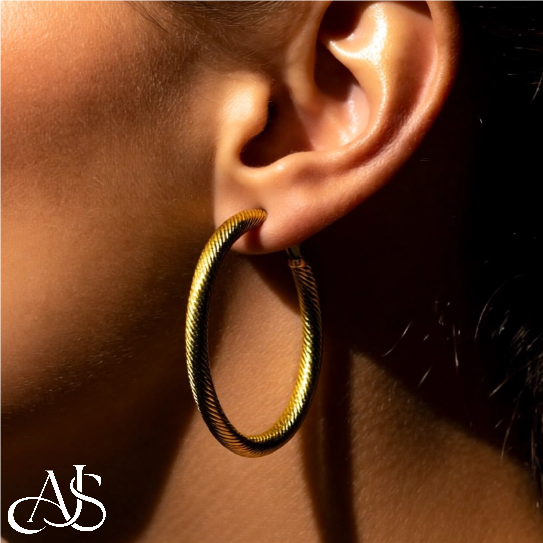 Gold Twist Diamond-cut Texture Omega Clip Backs Hoop Earrings  - 14K Yellow and White Gold Lightweight Thin 4mm