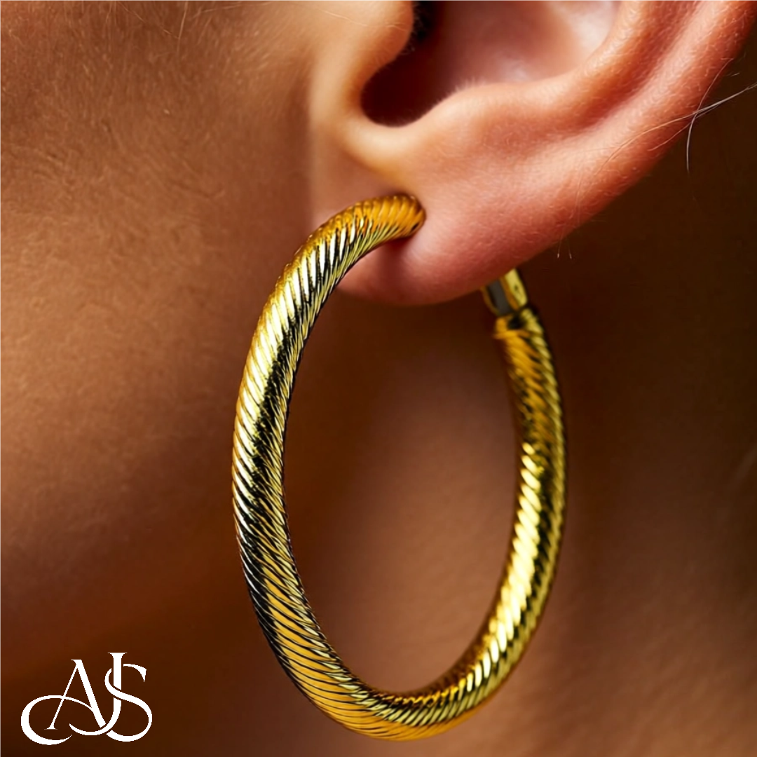 Gold Twist Diamond-cut Texture Omega Clip Backs Hoop Earrings  - 14K Yellow and White Gold Lightweight Thin 4mm