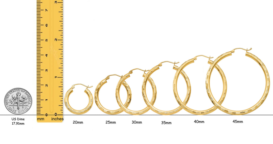 14K Yellow and White Gold Diamond-cut Texture Hoop Earrings - Lightweight Thin 3mm