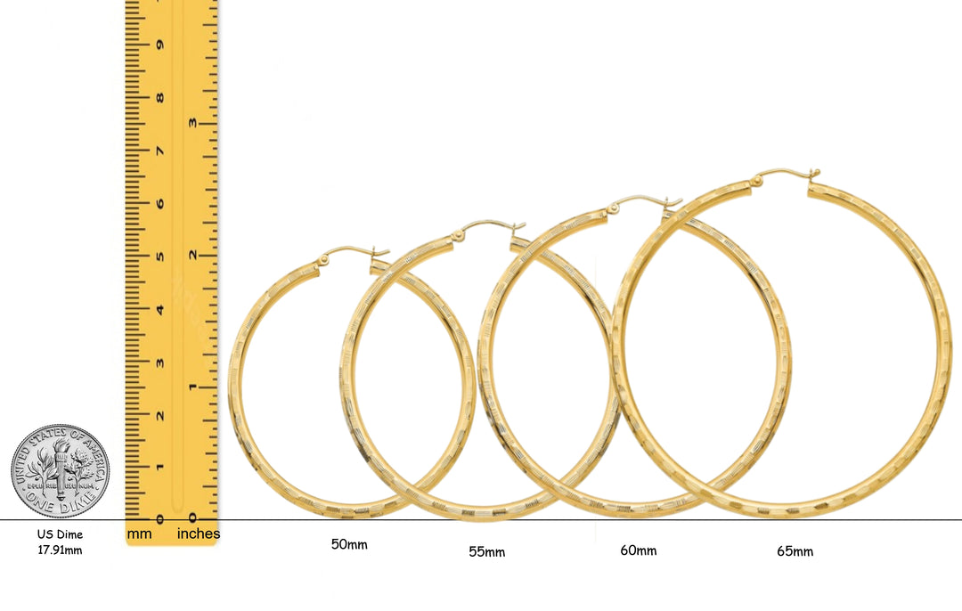 14K Yellow and White Gold Diamond-cut Texture Hoop Earrings - Lightweight Thin 3mm