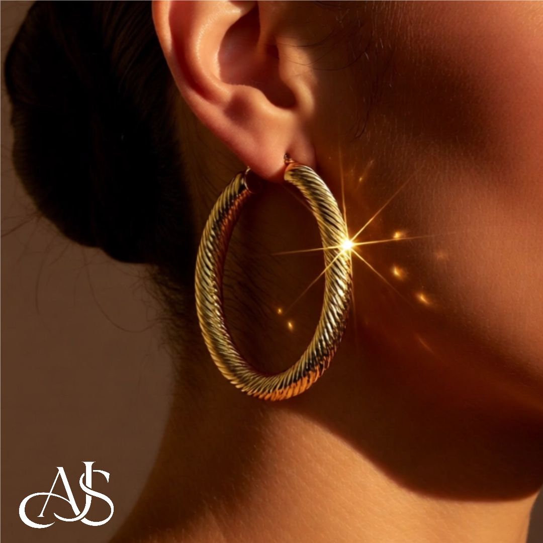 14K Yellow and White Gold Twist Diamond-cut Texture Hoop Earrings - Lightweight Thin 4mm