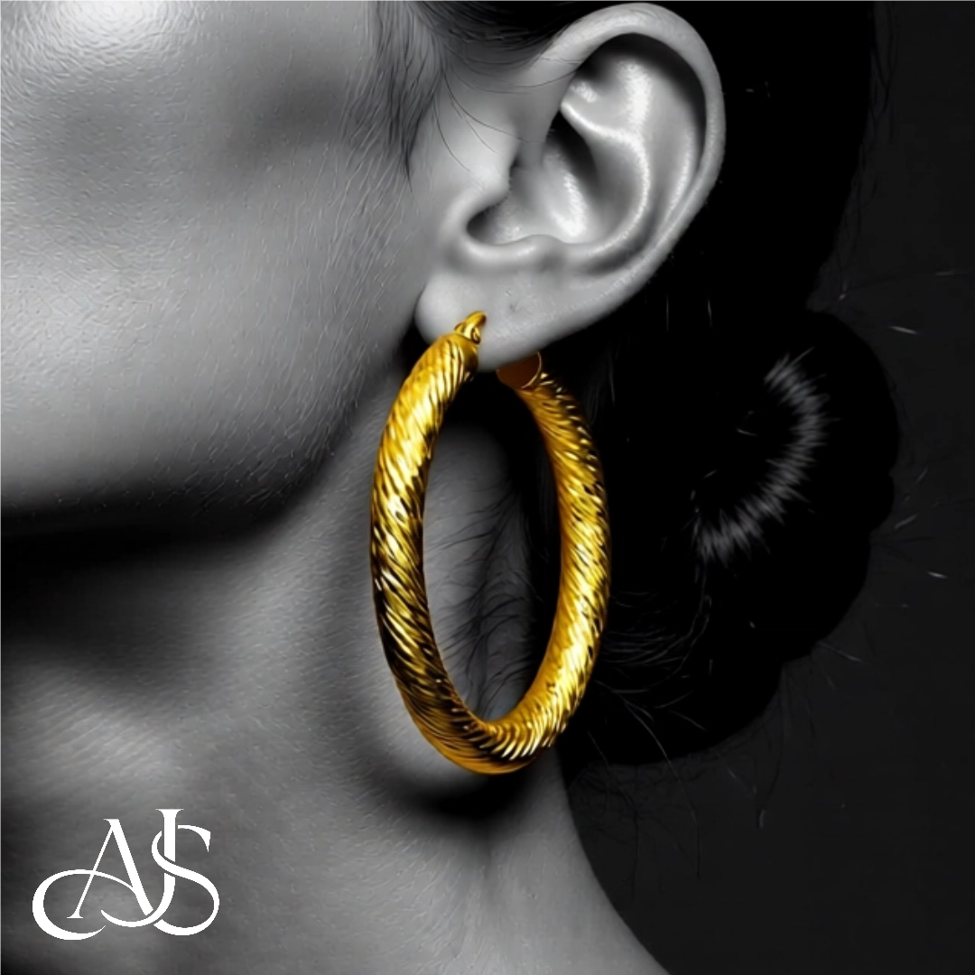 14K Yellow and White Gold Twist Diamond-cut Texture Hoop Earrings - Lightweight Thin 4mm