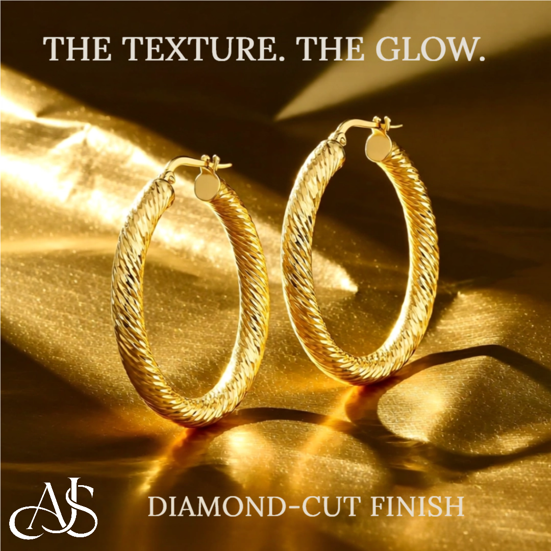 14K Yellow and White Gold Twist Diamond-cut Texture Hoop Earrings - Lightweight Thin 4mm