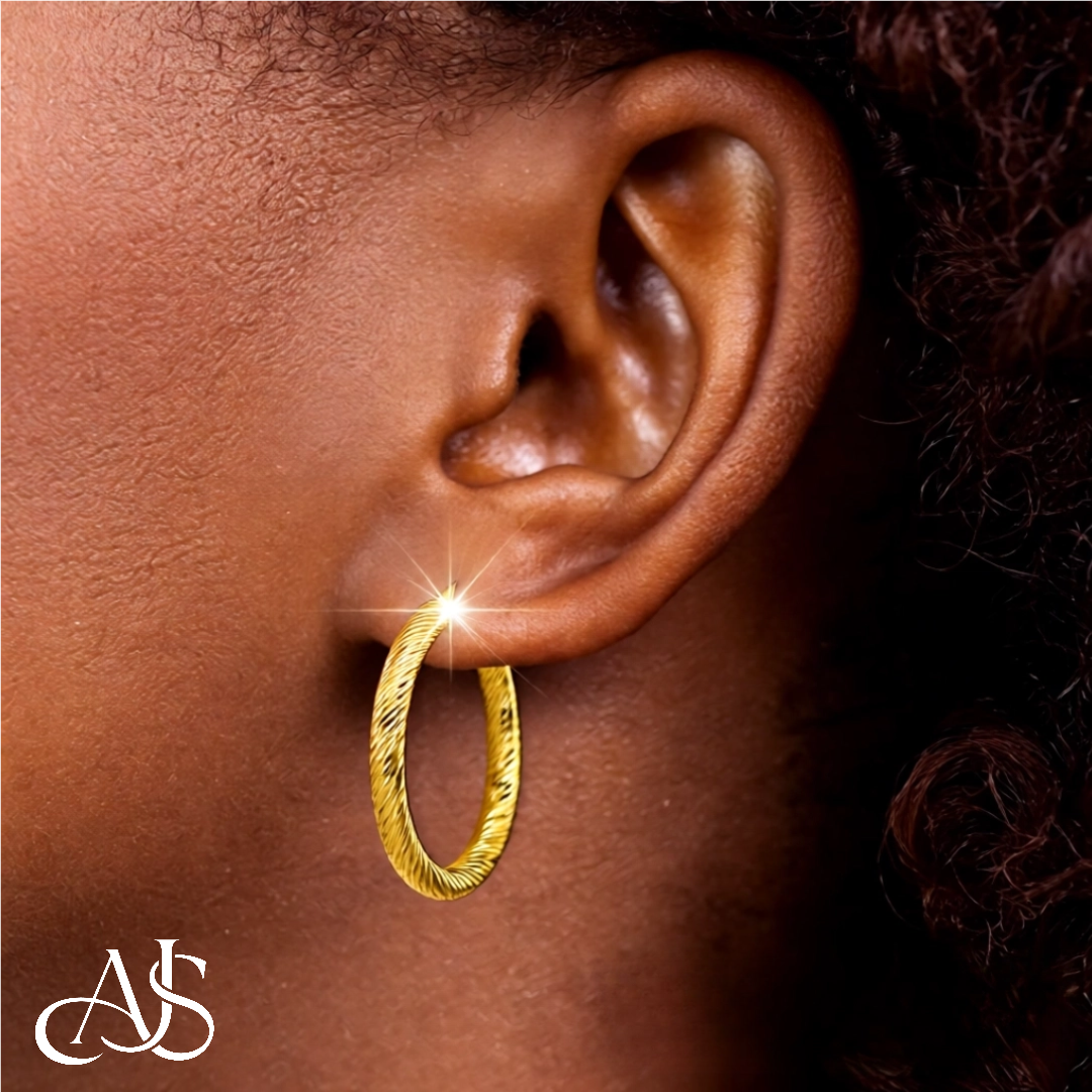 14K Yellow and White Gold Twist Diamond-cut Texture Hoop Earrings - Lightweight Thin 4mm