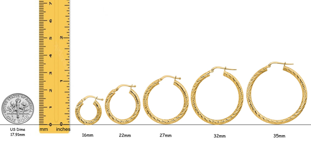 14K Yellow and White Gold Twist Diamond-cut Texture Hoop Earrings - Lightweight Thin 3mm