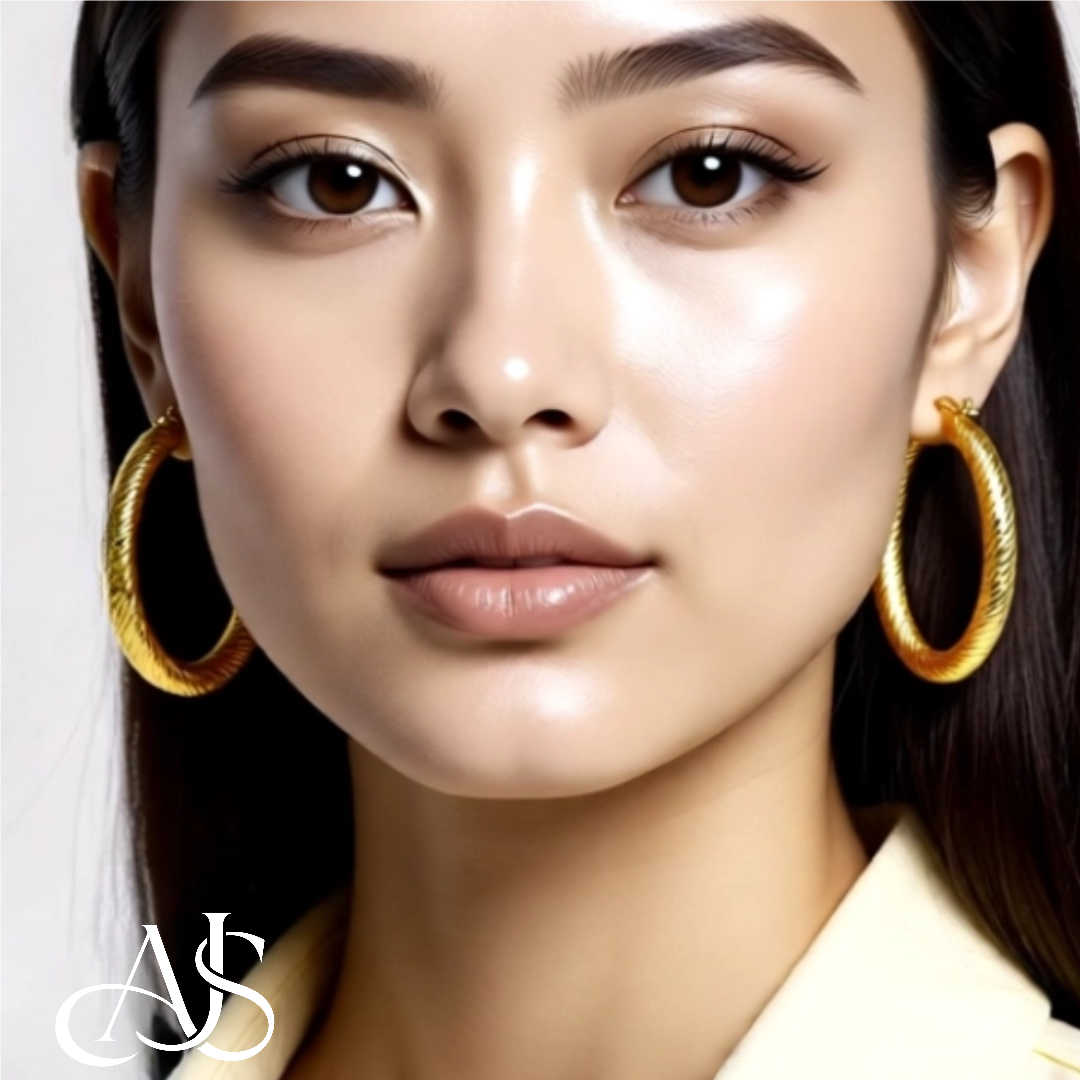 14K Yellow and White Gold Twist Diamond-cut Texture Hoop Earrings - Lightweight Thin 3mm