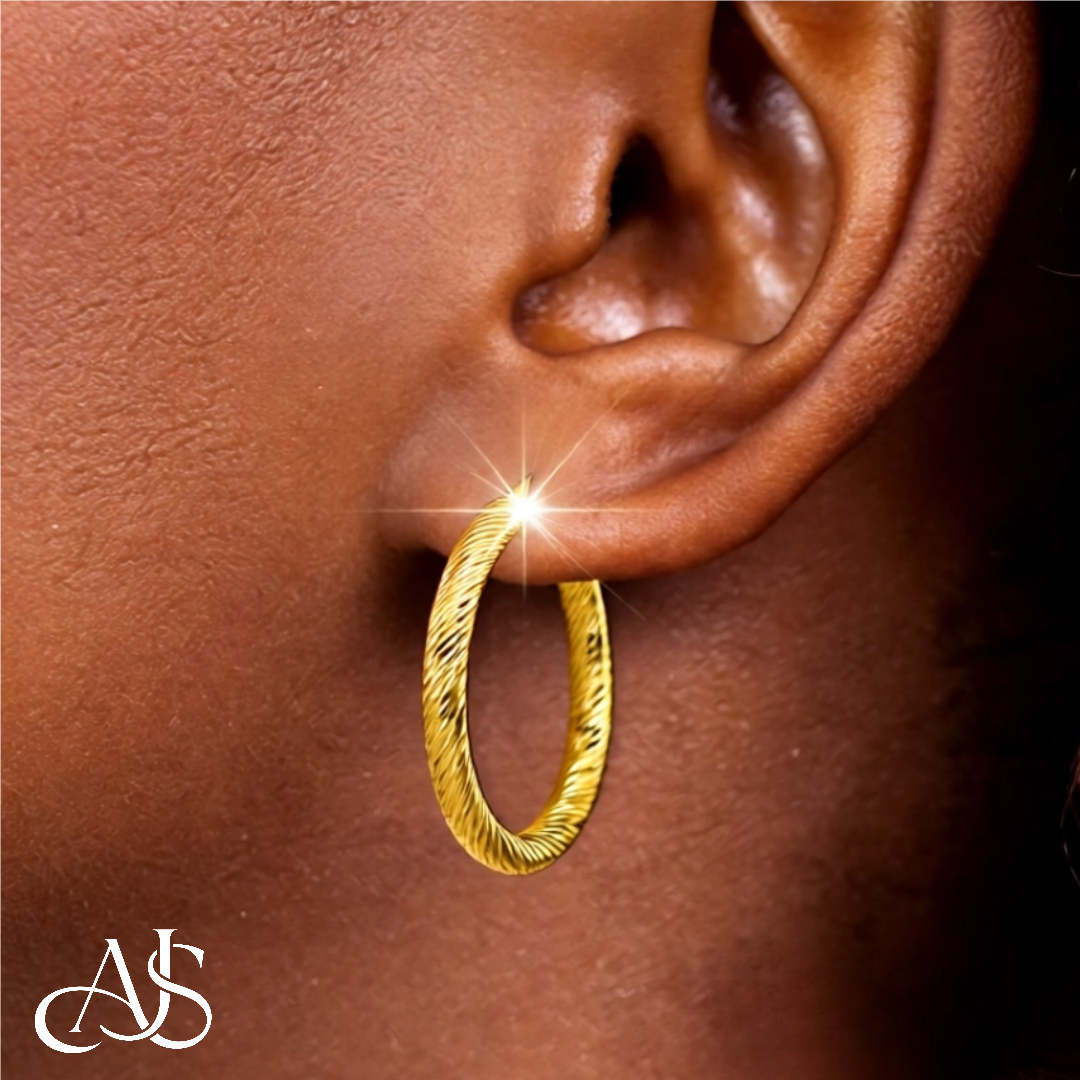 14K Yellow and White Gold Twist Diamond-cut Texture Hoop Earrings - Lightweight Thin 3mm