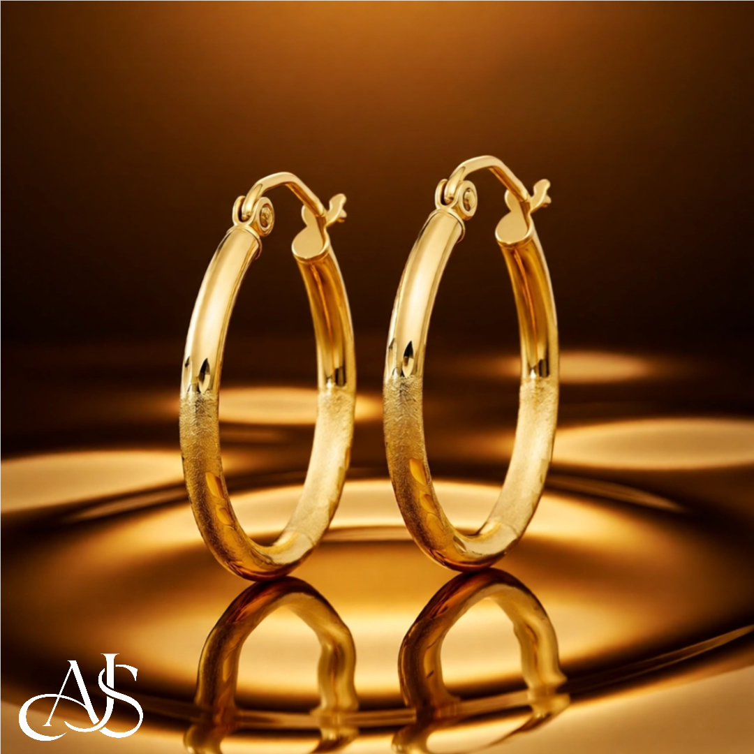 Gold Hoop Earrings Satin and Diamond-cut Texture - 10K and 14K Yellow, White and Rose Gold - Lightweight Thin 2mm
