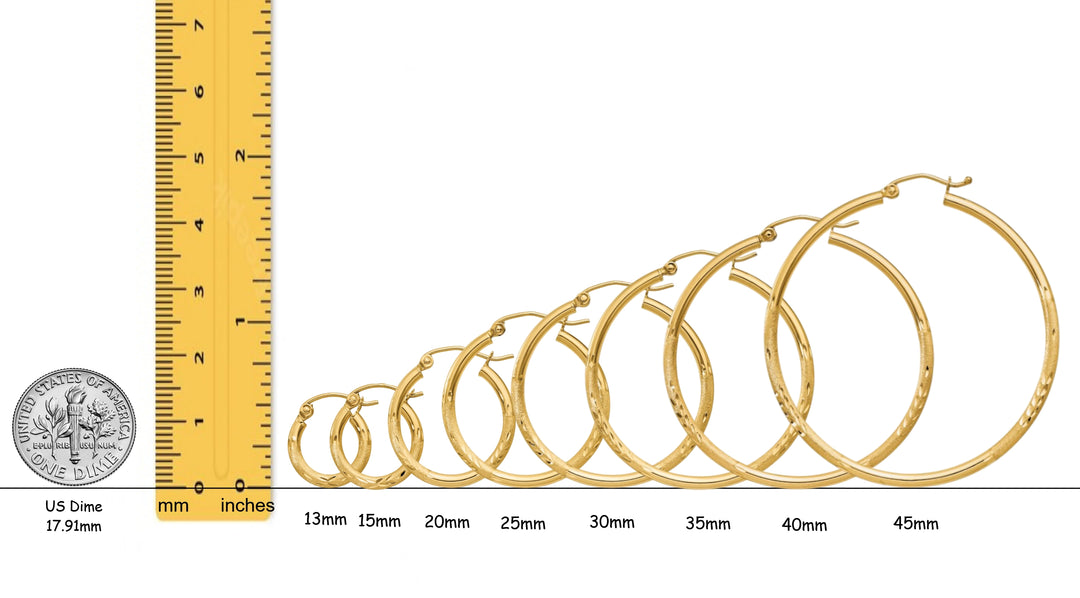 Gold Hoop Earrings Satin and Diamond-cut Texture - 10K and 14K Yellow, White and Rose Gold - Lightweight Thin 2mm