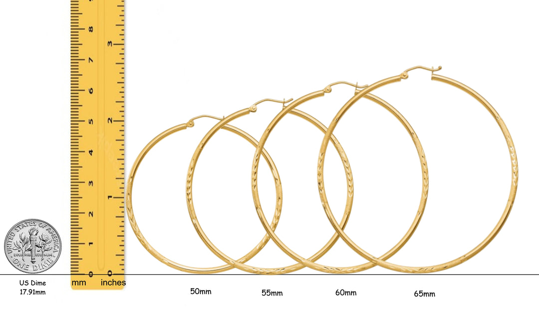 Gold Hoop Earrings Satin and Diamond-cut Texture - 10K and 14K Yellow, White and Rose Gold - Lightweight Thin 2mm