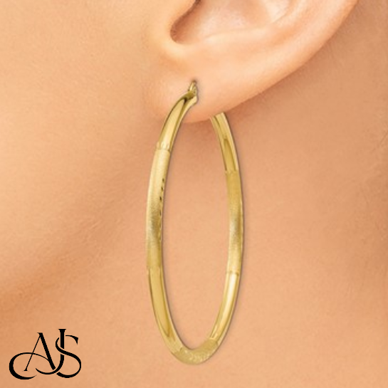 Gold Hoop Earrings Satin and Diamond-cut Texture - 10K and 14K Yellow, White and Rose Gold - Lightweight Thin 3mm