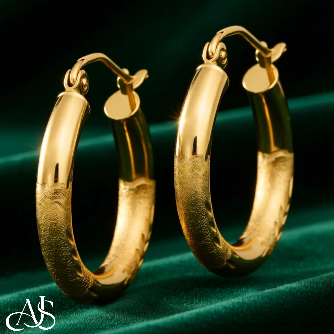 Gold Hoop Earrings Satin and Diamond-cut Texture - 10K and 14K Yellow, White and Rose Gold - Lightweight Thin 3mm
