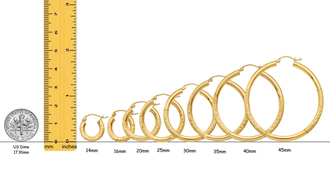 Gold Hoop Earrings Satin and Diamond-cut Texture - 10K and 14K Yellow, White and Rose Gold - Lightweight Thin 3mm