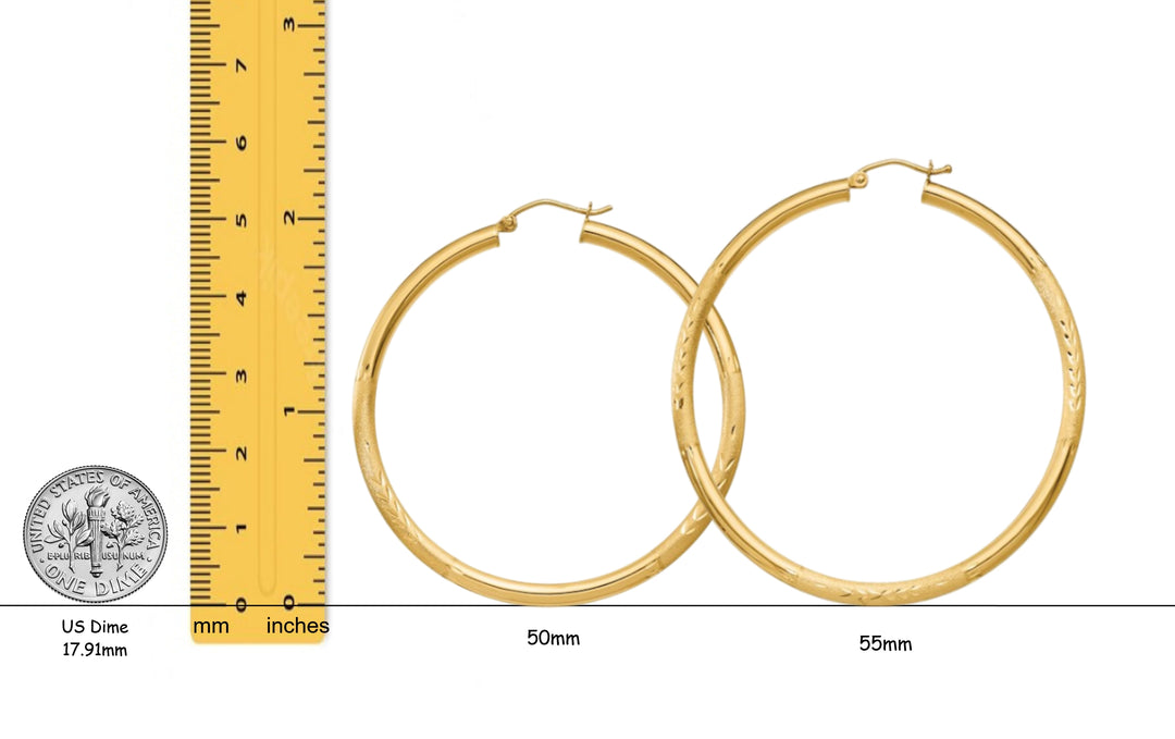 Gold Hoop Earrings Satin and Diamond-cut Texture - 10K and 14K Yellow, White and Rose Gold - Lightweight Thin 3mm