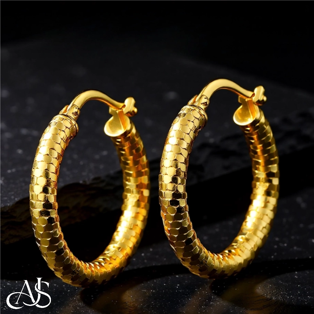 Gold Diamond-cut Texture Hoop Earrings - 10K, 14K Yellow Gold and 14K White Gold - Lightweight Thin 3mm