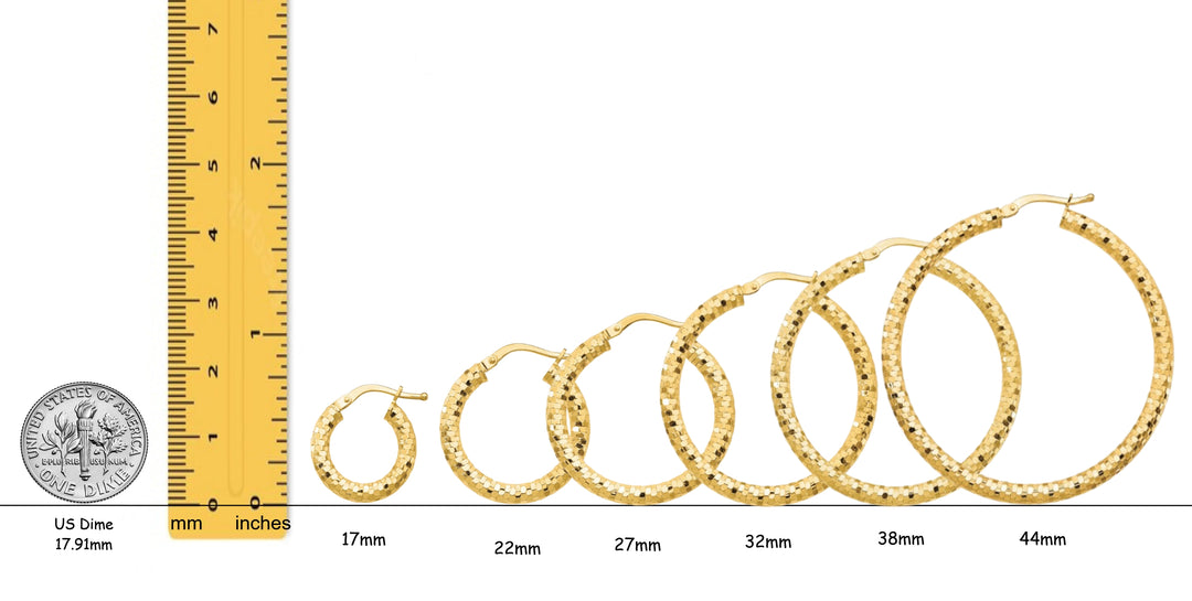Gold Diamond-cut Texture Hoop Earrings - 10K, 14K Yellow Gold and 14K White Gold - Lightweight Thin 3mm
