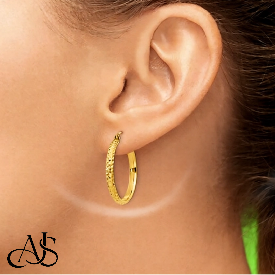 10K and 14K Yellow White Gold Diamond-cut Texture Hoop Earrings - Lightweight Thin 2.75mm
