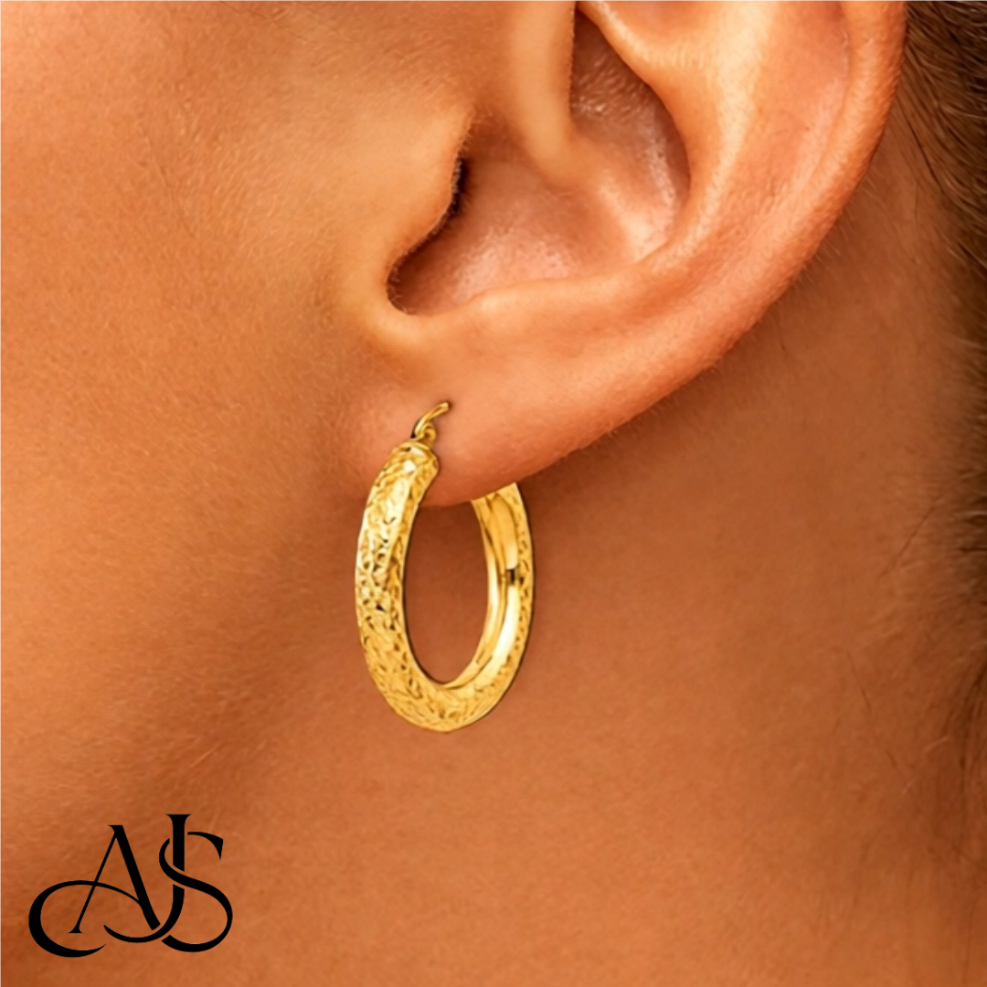 10K and 14K Yellow White Gold Diamond-cut Texture Hoop Earrings - Lightweight Thin 2.75mm