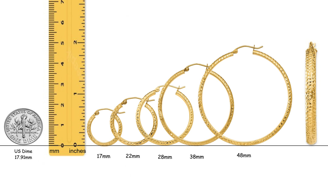 10K and 14K Yellow White Gold Diamond-cut Texture Hoop Earrings - Lightweight Thin 3.5mm