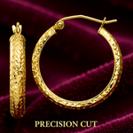 Load image into Gallery viewer, 10K and 14K Yellow White Gold Diamond-cut Texture Hoop Earrings - Lightweight Thin 3.5mm
