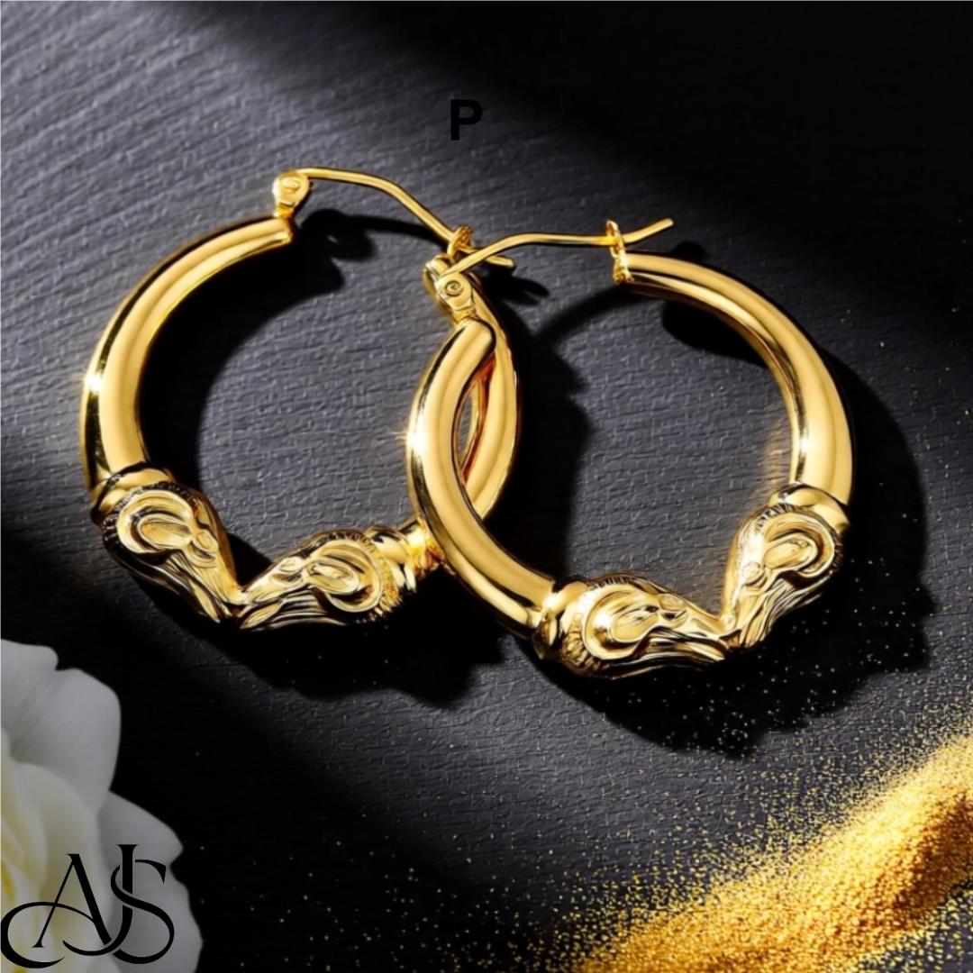 14K Yellow Gold Rams Head Hoop Earrings