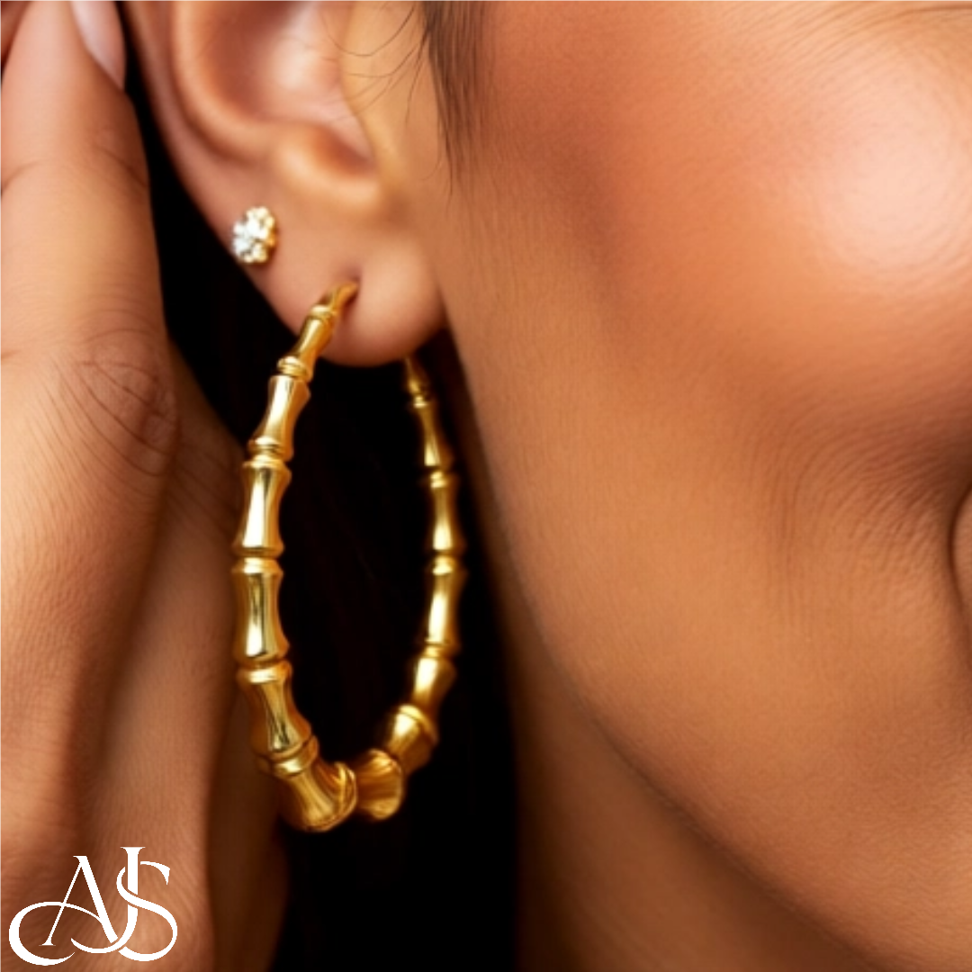 14K Yellow Gold Lightweight Bamboo Hoop Earrings