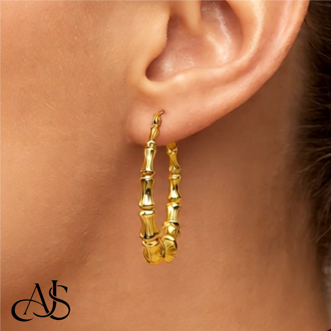14K Yellow Gold Lightweight Bamboo Hoop Earrings