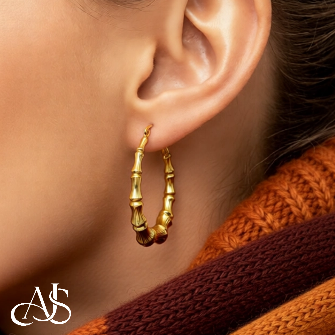 14K Yellow Gold Lightweight Bamboo Hoop Earrings