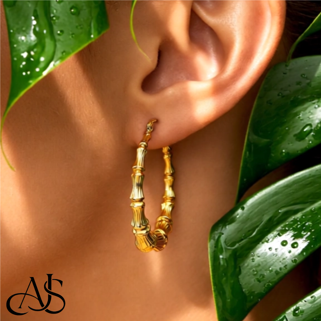 14K Yellow Gold Lightweight Bamboo Hoop Earrings