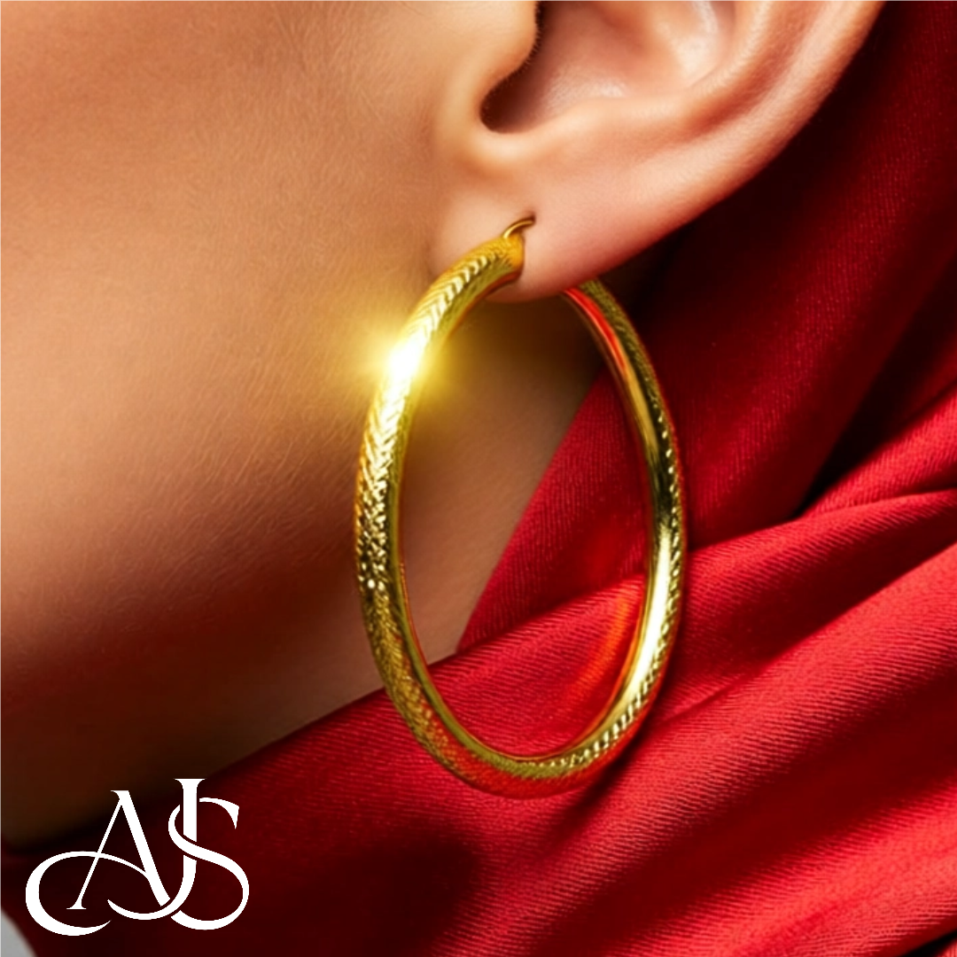 10K and 14K Yellow Gold Diamond-cut Texture Hoop Earrings - Lightweight Thin 4mm